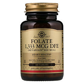 Фолієва Кислота (В9), Метафолін, 800 мкг, Metafolin, Solgar, 100 таблеток