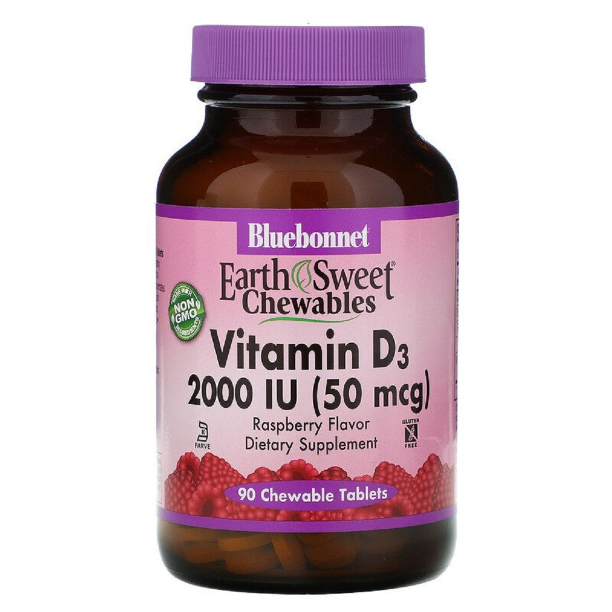 Вiтамiн D3 2000IU, Смак Малини, Earth Sweet Chewables, Bluebonnet Nutrition, 90 жувальних таблеток, фото 1