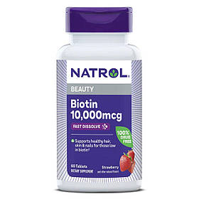 Біотин швидкорозчинний, 10000 мкг, смак полуниці, Biotin, Fast Dissolve, Natrol, 60 таблеток