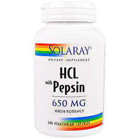 Бетаїн HCL і Пепсин, HCL with Pepsin, Solaray, 650 мг, 100 вегетаріанських капсул