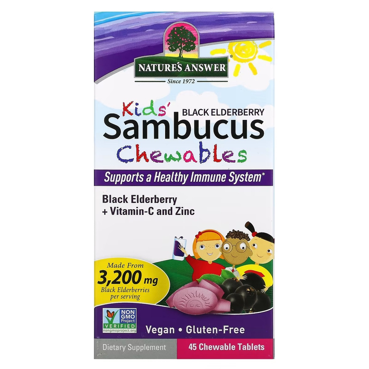 Чорна бузина для дітей з вітаміном С та цинком, Kid's Sambucus Chewables, Black Elderberry + Vitamin C and Zinc, Nature's Answer,, фото 1