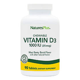 Жувальний вітамін D3 для дорослих, Смак ягід, 1000 МО, Natures Plus, 90 таблеток