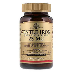 Хелатне Залізо, 25 мг, Gentle Iron, Solgar, 180 вегетаріанських капсул
