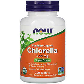 Органічна Хлорелла, Chlorella, Now Foods, 500мг, 200 Таблеток