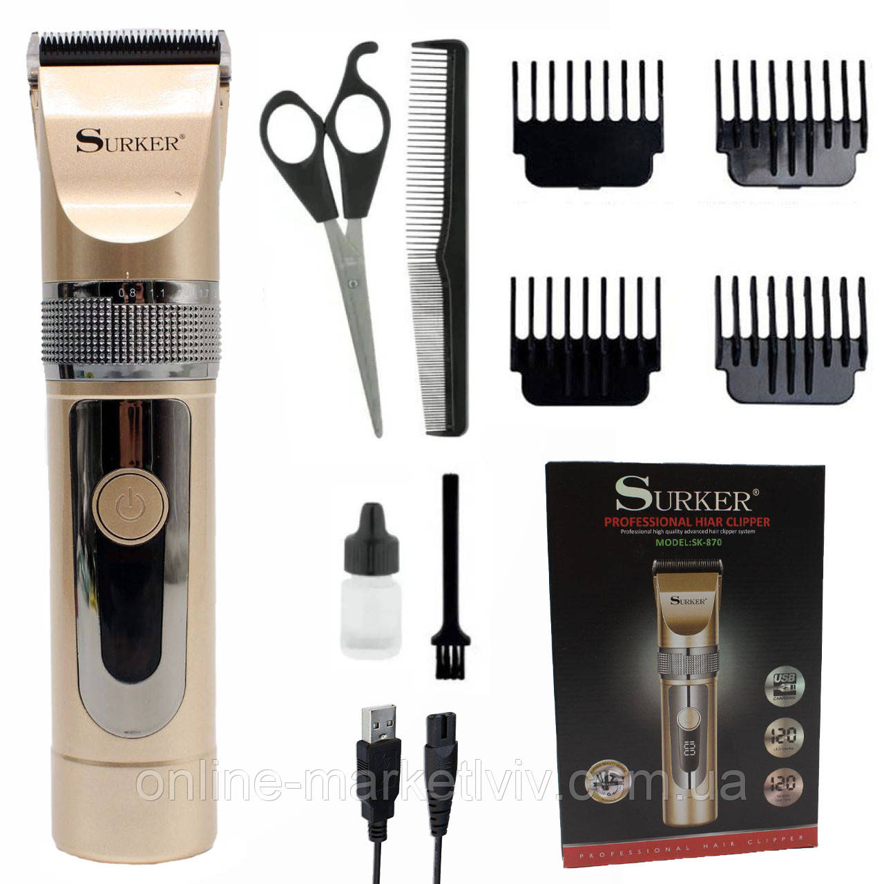 Акумуляторна машинка для стрижки волосся + 4 насадки, SURKER SK-870 / Бездротовий триммер для бороди / Тример для стрижки волосся, фото 1