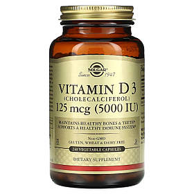 Вітамін D3, 125 мкг (5000 МО), Vitamin D3 (Cholecalciferol), Solgar, 240 вегетаріанських капсул