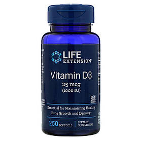 Вітамін D3, Vitamin D3, Life Extension, 25 мкг (1000 МО), 250 гелевих капсул
