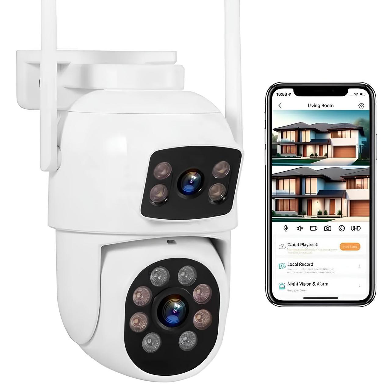 Ip WiFi камера вулична поворотна 8Mp PTZ-A30 2 незалежні обʼєктиви з віддаленим доступом датчик руху нічне бачення, фото 1