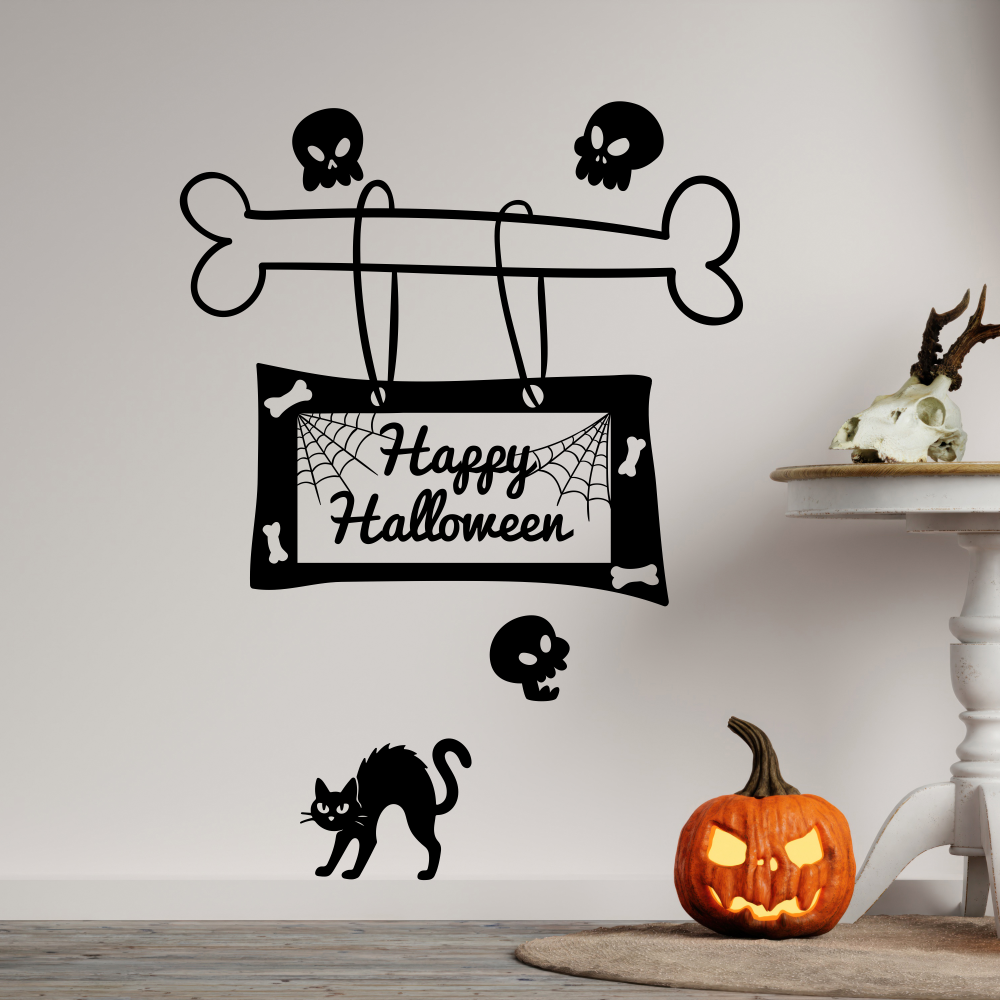 Вінілові наклейки Хелловін Happy Halloween Табличка на кістці череп кіт Happy Pocket Набір S чорний матовий, фото 1