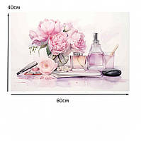 Картина «Акварельні півонії та парфуми» Друк на полотні 60х40 см Стильний настінний декор в нтер'єр дівчини, фото 3