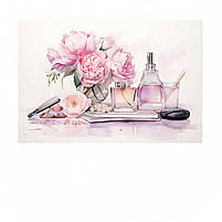 Картина «Акварельні півонії та парфуми» Друк на полотні 60х40 см Стильний настінний декор в нтер'єр дівчини, фото 2