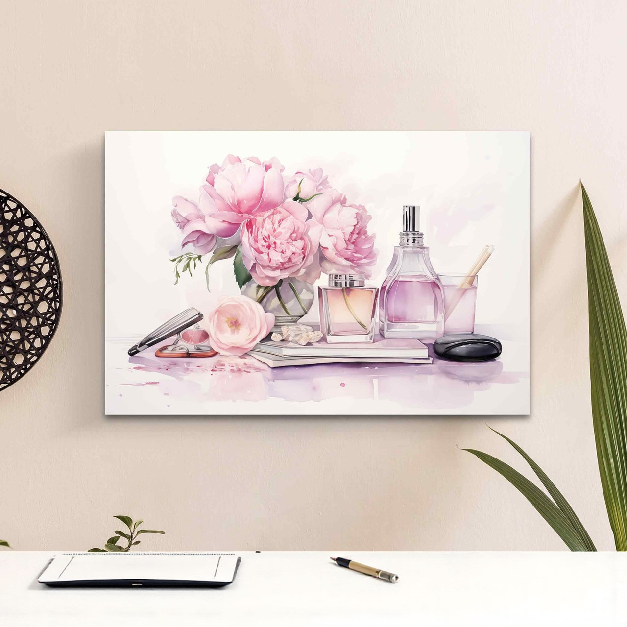Картина «Акварельні півонії та парфуми» Друк на полотні 60х40 см Стильний настінний декор в нтер'єр дівчини, фото 1