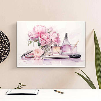 Картина «Акварельні півонії та парфуми» Друк на полотні 60х40 см Стильний настінний декор в нтер'єр дівчини