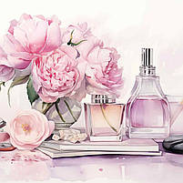 Картина «Акварельні півонії та парфуми» Друк на полотні 60х40 см Стильний настінний декор в нтер'єр дівчини, фото 4
