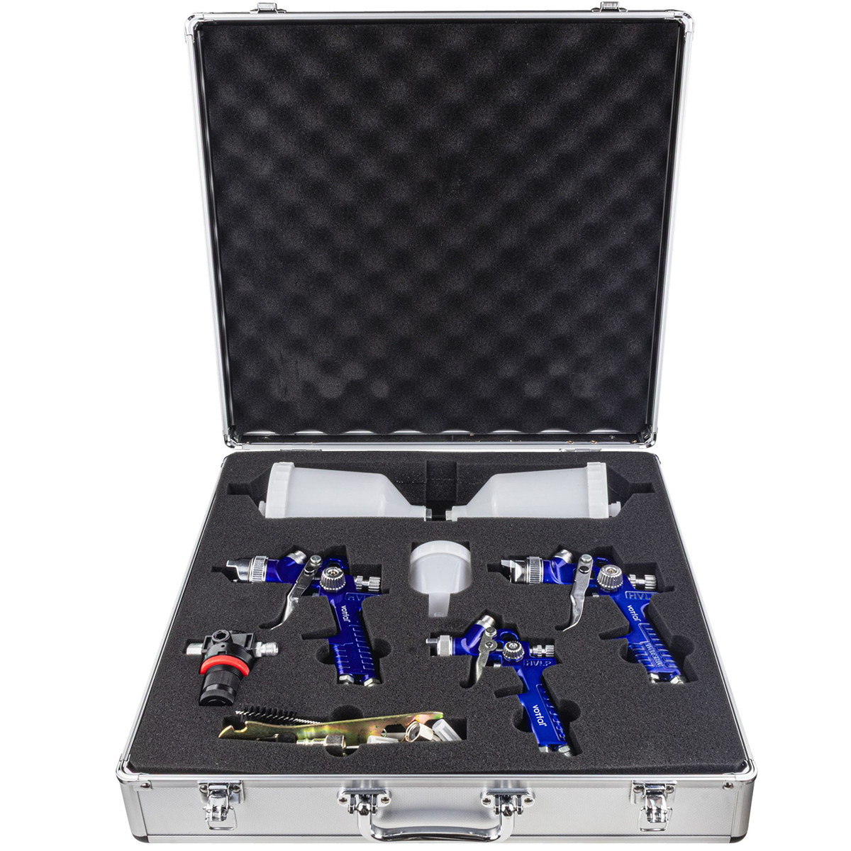 Набір пневматичних фарбувальних пістолетів (алюмінієвий корпус) HVLP (3 шт.) з редуктором 0,8 1,4 1,7 сопла Vorfal V01108, фото 1