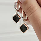 Срібні сережки-підвіски з авантюрином в обрамленні золота «Бачата» - срібло 925, золото 375 проби, фото 3