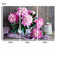 Модульна картина «Рожеві півонії» Триптих на полотні 90х60 см Квітковий настінний декор Друк на полотні, фото 5