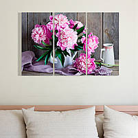 Модульна картина «Рожеві півонії» Триптих на полотні 90х60 см Квітковий настінний декор Друк на полотні, фото 3