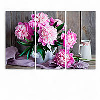 Модульна картина «Рожеві півонії» Триптих на полотні 90х60 см Квітковий настінний декор Друк на полотні, фото 2