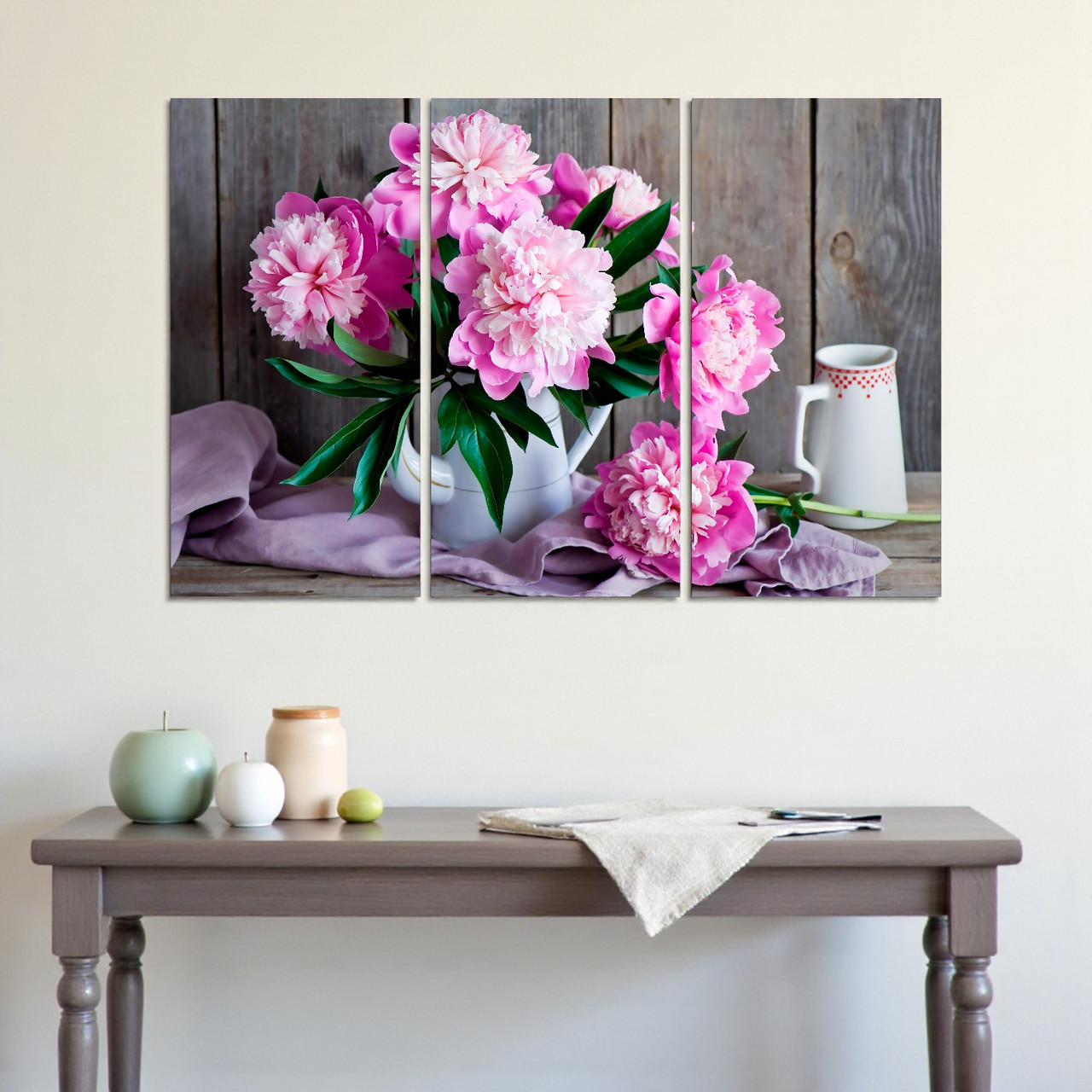 Модульна картина «Рожеві півонії» Триптих на полотні 90х60 см Квітковий настінний декор Друк на полотні, фото 1