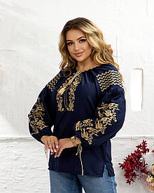 Вишиванка жіноча (темносинє домоткане полотно) "Пташка"