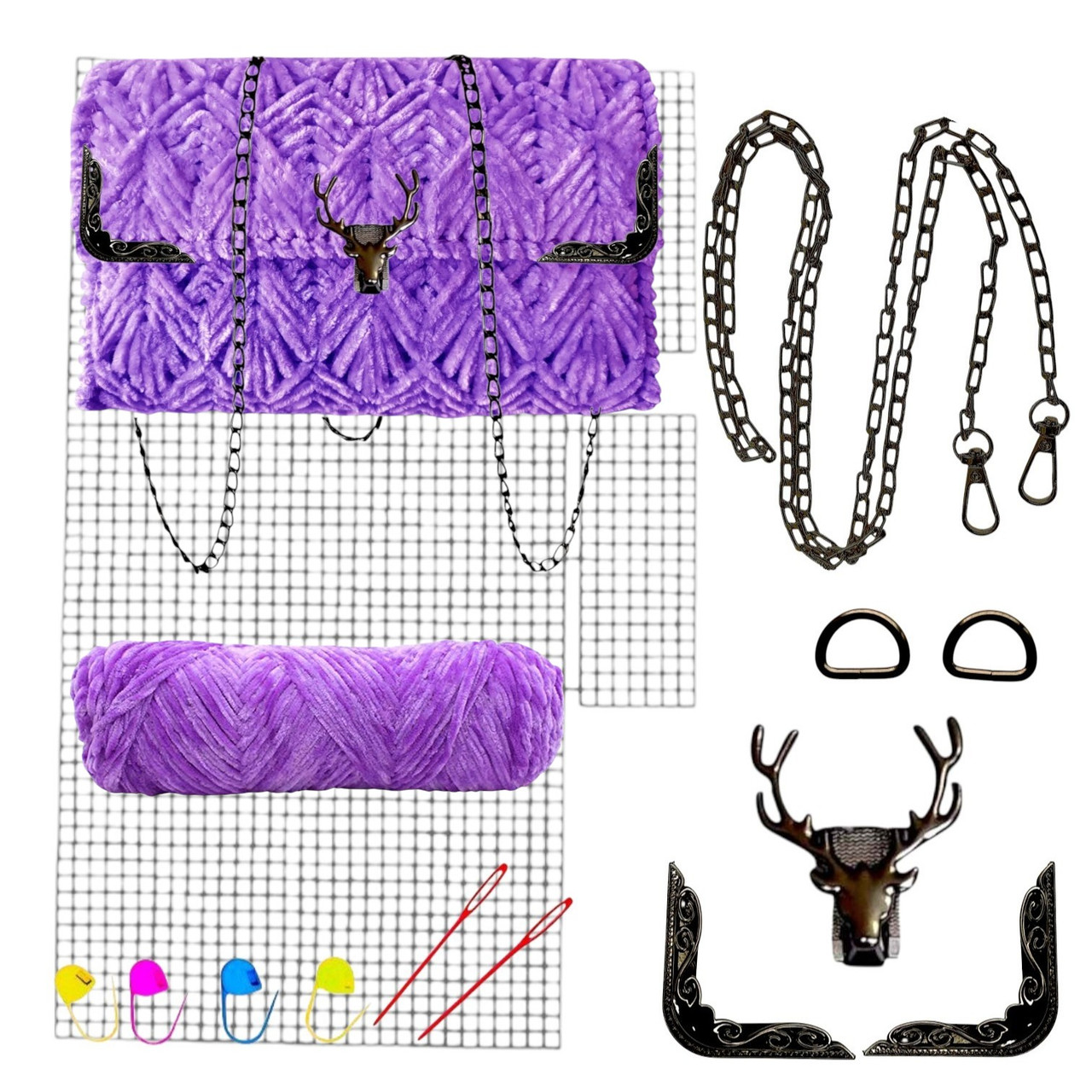 Набір для створення сумки з пластикової канви "Чорний олень" + нитки яскраво-фіолетові, фото 1
