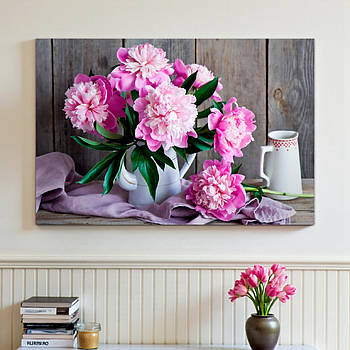Картина «Рожеві півонії» 60х40 см Квітковий настінний декор Друк на полотні