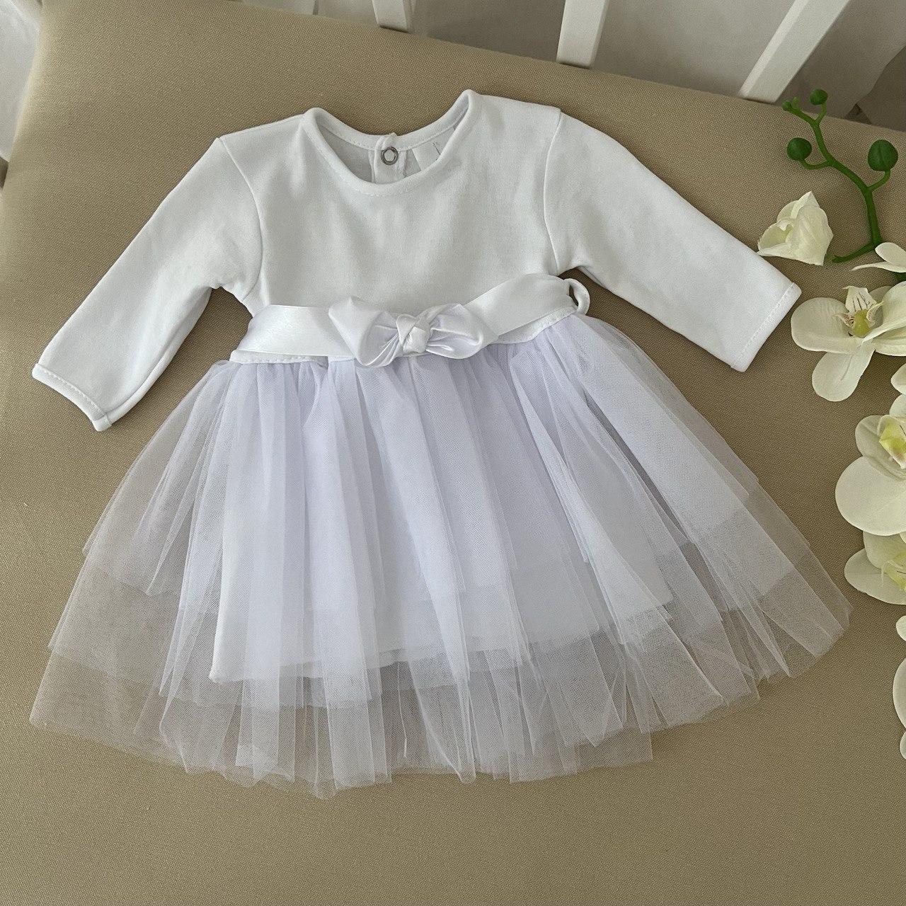 Біле плаття для хрещення немовля з фатиновою спідничкою та атласним бантом для дівчинки розміри 56 - 98