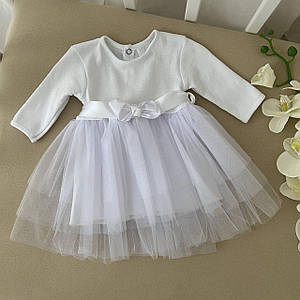 Біле плаття для хрещення немовля з фатиновою спідничкою та атласним бантом для дівчинки розміри 56 - 98