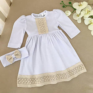 Біле плаття для дівчинки з молочним мереживом інтерлок стрічка бант на талії повязка у комплекті 50-86