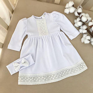 Сукня білий екрю для дівчинки інтерлок мереживо повязка в комплекті розміри 50-86 для недоношених і немовлят