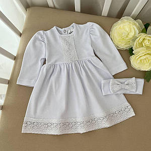 Біле плаття з довгим рукавом для дівчинки інтерлок мереживо на подолі з пов'язкою 50 56 62 68 74 80 86 92