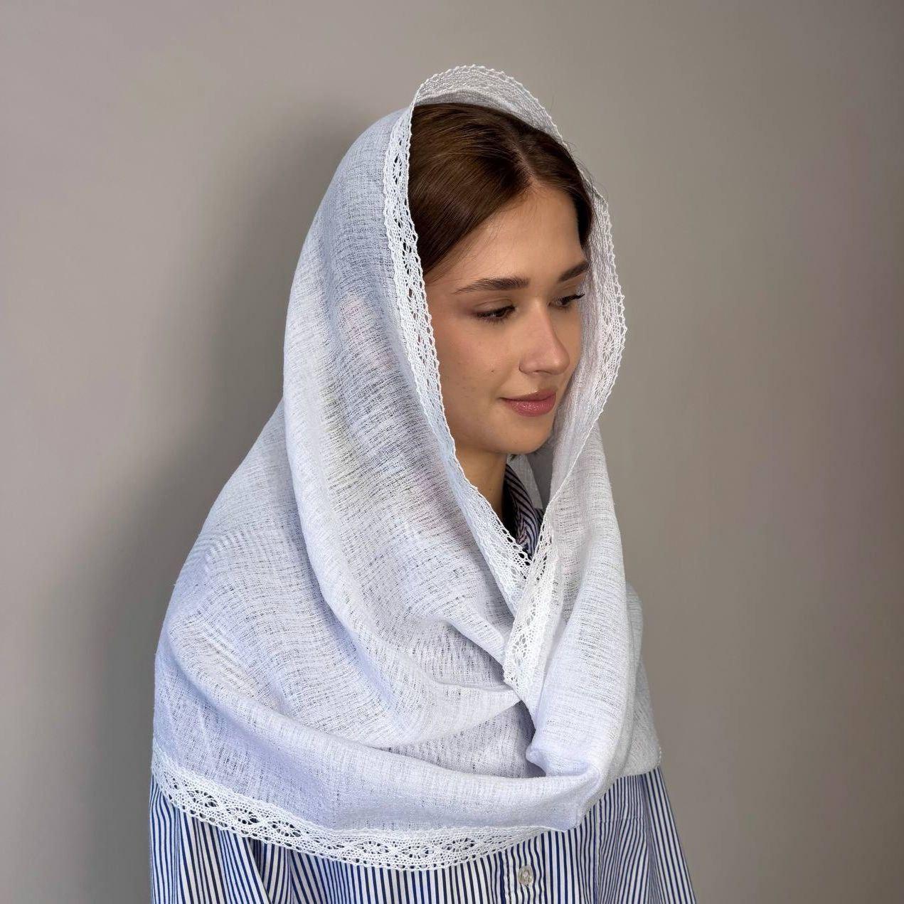 Жіночий білий лляний хомут снуд із мереживом натуральна легка накидка для храму та обрядових подій 50х110 см