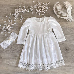 Молочне бархатне плаття з мереживом для хрестин та свята з пов’язкою преміум якість для дівчинки 56-92
