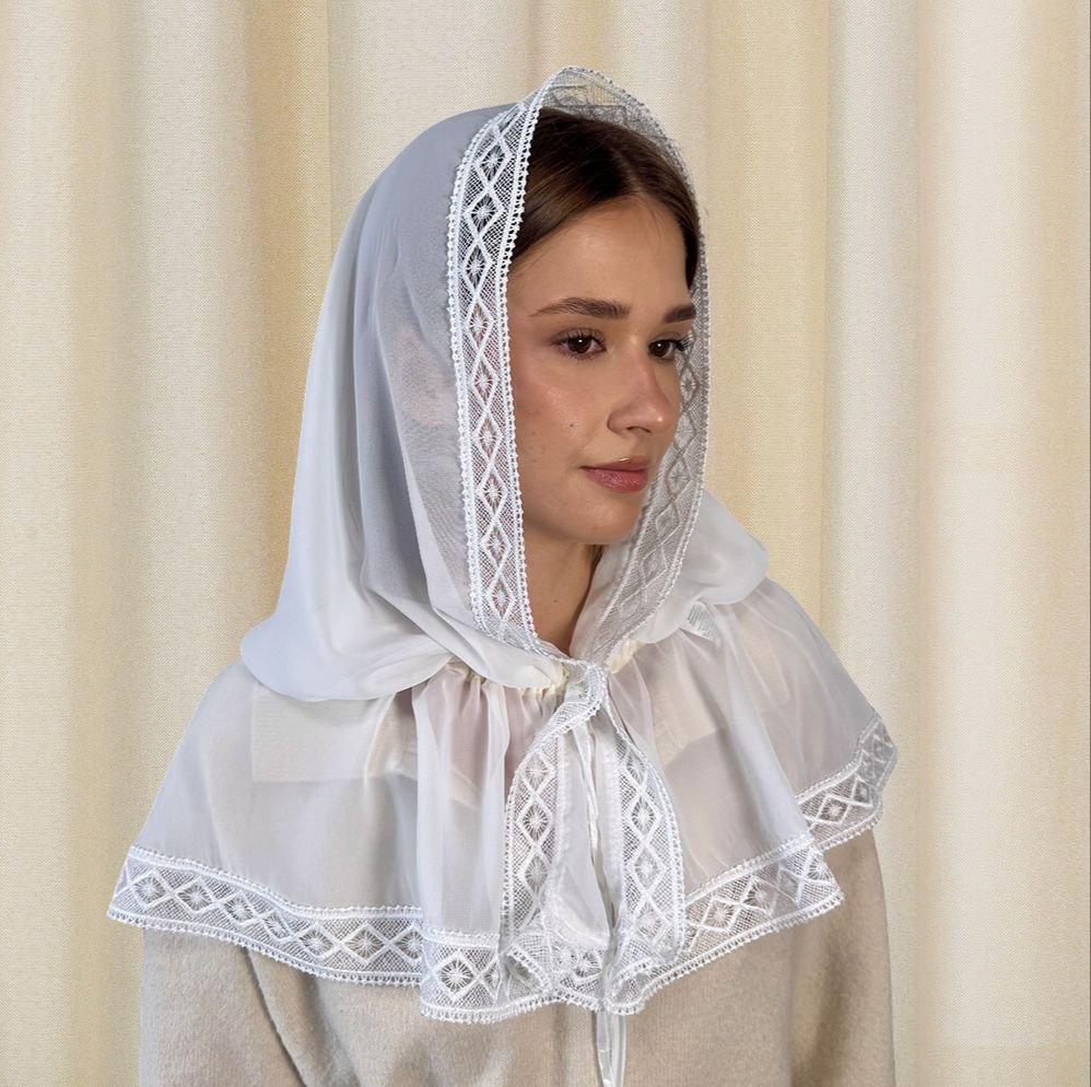 Палантин молочний зі шифону з геометричним мереживом для урочистих подій ніжний святковий аксесуар 80х120 см