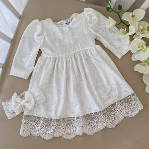 Молочне бархатне плаття з квітковим мереживом і пов’язкою для урочистостей та весілля для дівчинки 56-92