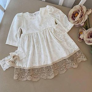 Молочне бархатне плаття з контрастним світло кавовим мереживом і пов’язкою для фотосесії та особливих подій