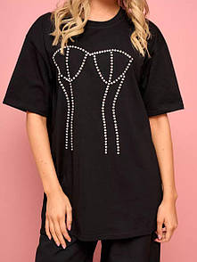 Футболка Grace жіноча модна з аплікацією камінчиків малюнок фігури рукава до ліктя колір чорний S