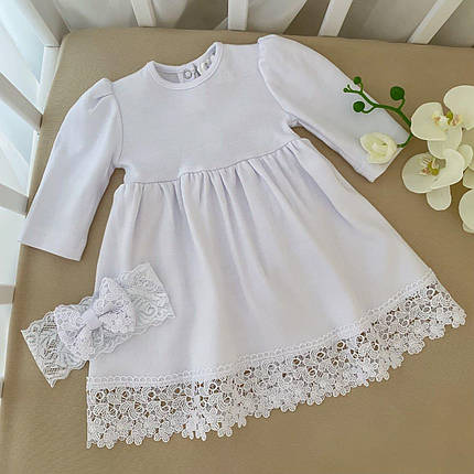 Біле платтячко на хрестини для дівчинки з довгим рукавом з мереживом і повязкою для немовлят 56 62 68 74 80, фото 1