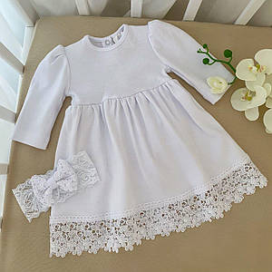 Біле платтячко на хрестини для дівчинки з довгим рукавом з мереживом і повязкою для немовлят 56 62 68 74 80