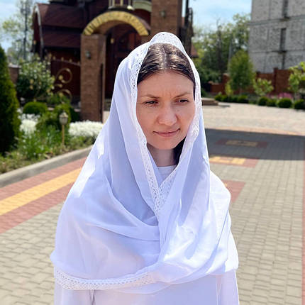 Білий палантин хустка хомут зі шифону з мереживом для відвідування церкви 50х110 см, фото 1