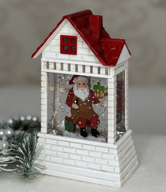 ❤️Новорічний музичний декор Будинок з автопіддувом глітера 13х7,8х4,5см Білий з червоним дахом, фото 1