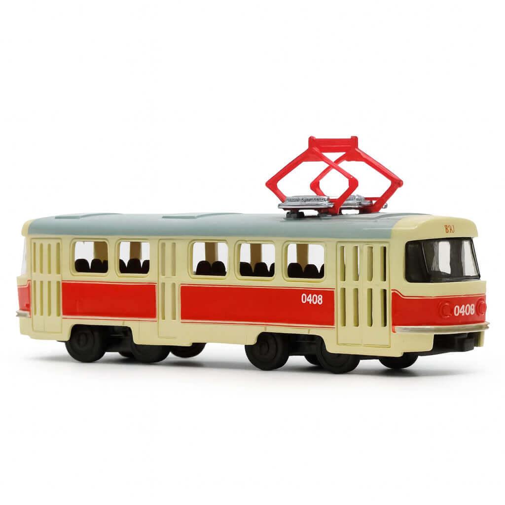 Металевий трамвай Автопром 16 см жовтий з червоною смугою 1:87, інерційний, арт. 6411A, фото 1
