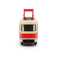 Металевий трамвай Автопром 16 см жовтий з червоною смугою 1:87, інерційний, арт. 6411A, фото 3