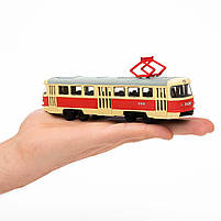 Металевий трамвай Автопром 16 см жовтий з червоною смугою 1:87, інерційний, арт. 6411A, фото 2
