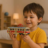 Металевий трамвай Автопром 16 см жовтий з червоною смугою 1:87, інерційний, арт. 6411A, фото 5