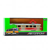 Металевий трамвай Автопром 16 см жовтий з червоною смугою 1:87, інерційний, арт. 6411A, фото 6