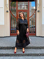 Шикарное вечернее платье батал Чёрное нарядное платье с прозрачными рукавами