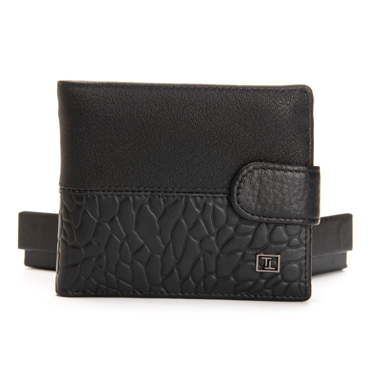 Гаманець портмоне чоловічий шкіряний чорний на кнопці три відділення рептилія з монетницею всередині Bretton 210L