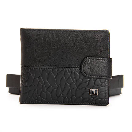 Гаманець портмоне чоловічий шкіряний чорний на кнопці три відділення рептилія з монетницею всередині Bretton 210L, фото 1